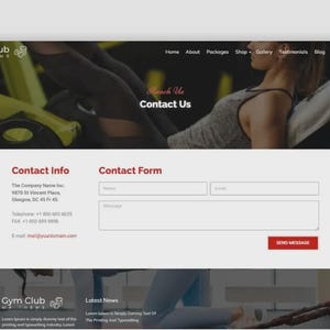 May include: Website design for a gym, featuring a contact form and contact information. The top banner includes the text "Contact Us" over an image of a person working out. The website's color scheme is white, black, and red.