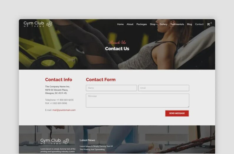 May include: Website design for a gym, featuring a contact form and contact information. The top banner includes the text "Contact Us" over an image of a person working out. The website's color scheme is white, black, and red.