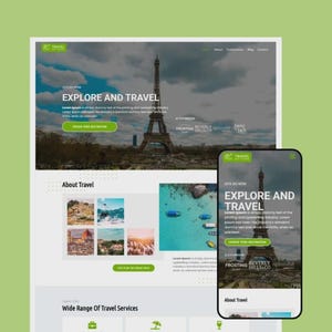 Op de afbeelding: Website-ontwerp met de tekst "EXPLORE AND TRAVEL" en een afbeelding van de Eiffeltoren. Een mobiele telefoon toont hetzelfde ontwerp. De website biedt reisdiensten en een groen-witte kleurstelling.