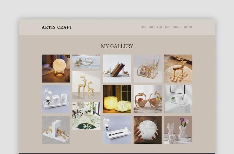 Puede incluir: Un sitio web que muestra art&iacute;culos de decoraci&oacute;n para el hogar. La p&aacute;gina presenta una cuadr&iacute;cula de im&aacute;genes, que incluyen una l&aacute;mpara con forma de luna, figuras decorativas de ciervos, sujetalibros y bandejas. El nombre del sitio web, ARTIS CRAFT, se muestra en la parte superior.