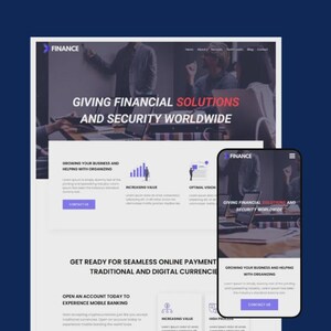 Könnte beinhalten: Ein Website-Design für ein Finanzunternehmen, das auf einem Desktop und einem Mobiltelefon angezeigt wird. Die Website zeigt das Firmenlogo, den Text "GIVING FINANCIAL SOLUTIONS AND SECURITY WORLDWIDE" und den Button "CONTACT US".