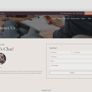 May include: A website interface for a psychiatrist's office, featuring a contact page with a form for inquiries. The design includes a header with the practice's name and navigation links, and a section to "Let's Chat!"