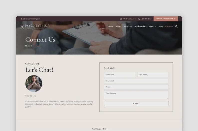 May include: A website interface for a psychiatrist's office, featuring a contact page with a form for inquiries. The design includes a header with the practice's name and navigation links, and a section to "Let's Chat!"