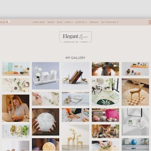 Op de afbeelding: Een website-mockup met een galerij met afbeeldingen. De website header bevat de tekst "START HERE ABOUT BLOG SHOP LAYOUTS CONTACT BUY TEMPLATE". Het website logo luidt "Elegant Aura - Premium by Theme". De galerij toont diverse woondecoratie-items.