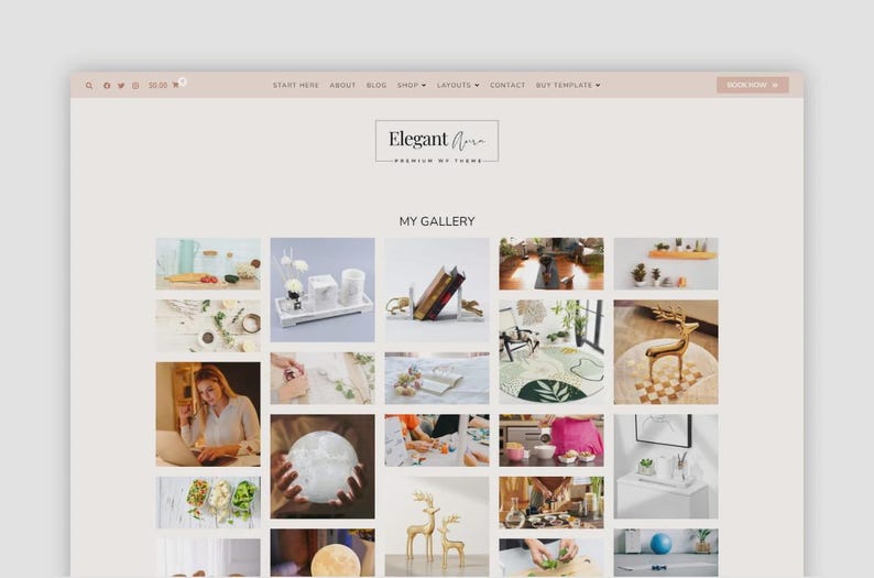 Op de afbeelding: Een website-mockup met een galerij met afbeeldingen. De website header bevat de tekst "START HERE ABOUT BLOG SHOP LAYOUTS CONTACT BUY TEMPLATE". Het website logo luidt "Elegant Aura - Premium by Theme". De galerij toont diverse woondecoratie-items.