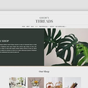 Puede incluir: Maqueta de sitio web con el texto "GOLDEN THREADS" en la parte superior. La secci&oacute;n principal presenta un panel verde oscuro con "MY SHOP" y texto de marcador de posici&oacute;n. Una gran planta verde est&aacute; a la derecha.