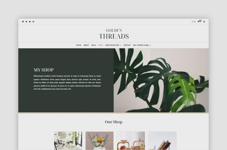 Puede incluir: Maqueta de sitio web con el texto "GOLDEN THREADS" en la parte superior. La secci&oacute;n principal presenta un panel verde oscuro con "MY SHOP" y texto de marcador de posici&oacute;n. Una gran planta verde est&aacute; a la derecha.