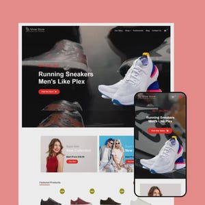May include: A website and smartphone screen display a shoe store's homepage. The site features white running sneakers with blue and pink accents. Text reads "Running Sneakers Men's Like Plex" and "Visit Our Store."