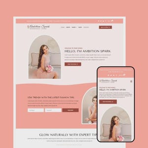 Op de afbeelding: Een website-ontwerpmodel met een desktop- en mobiele weergave. Het ontwerp maakt gebruik van een zachtroze en witte kleurstelling met de tekst "Ambition Spark" en "Hello, I'm Ambition Spark". Het ontwerp bevat een foto van een vrouw.