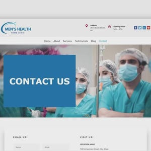 Puede incluir: Captura de pantalla de un sitio web de Men's Health Home Clinic. El sitio presenta un cuadro azul con el texto "CONTACT US" sobre una imagen de profesionales m&eacute;dicos con batas y mascarillas. El encabezado del sitio web incluye el logotipo, la direcci&oacute;n y los iconos de redes sociales de la cl&iacute;nica.