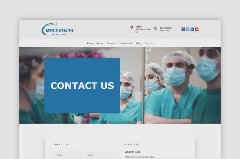 Puede incluir: Captura de pantalla de un sitio web de Men's Health Home Clinic. El sitio presenta un cuadro azul con el texto "CONTACT US" sobre una imagen de profesionales m&eacute;dicos con batas y mascarillas. El encabezado del sitio web incluye el logotipo, la direcci&oacute;n y los iconos de redes sociales de la cl&iacute;nica.