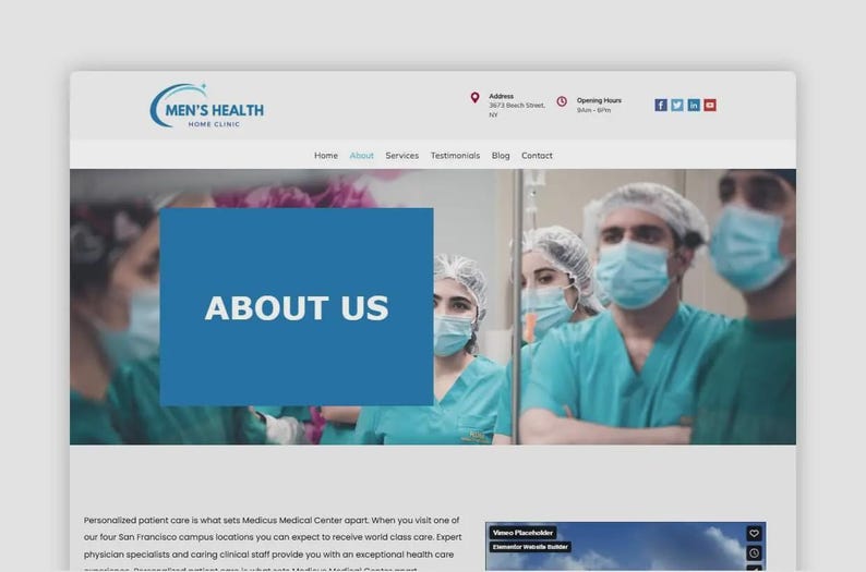 Puede incluir: Una captura de pantalla del sitio web de Men's Health Home Clinic. La p&aacute;gina presenta el texto "ABOUT US" en un cuadro azul y una foto del personal m&eacute;dico con batas y mascarillas. El logotipo de la cl&iacute;nica est&aacute; en la parte superior.