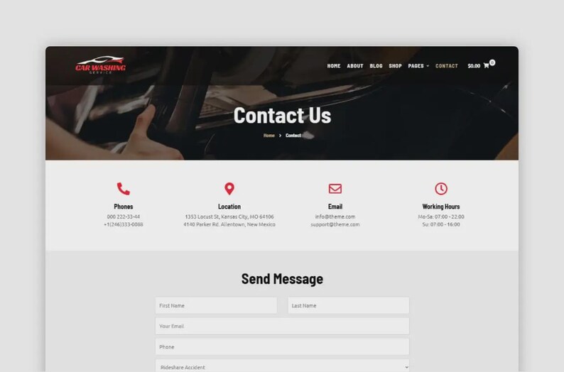 K&ouml;nnte beinhalten: Eine Website-Oberfl&auml;che f&uuml;r einen Autowaschservice. Die Seite enth&auml;lt eine &Uuml;berschrift mit dem Text "Kontakt", Kontaktinformationen und ein Formular zum Senden einer Nachricht. Das Logo der Website befindet sich oben links.