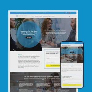 Puede incluir: Diseño de sitio web para una agencia de seguros, que se muestra en un ordenador de sobremesa y un teléfono móvil. El sitio web presenta un esquema de color azul y blanco con el texto "Insurance For Too Busy Lives. We Assure Your Financial Security."