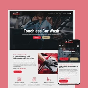 Op de afbeelding: Website-ontwerp voor een autowasservice, met een desktop- en mobiele weergave. Het ontwerp bevat de tekst "Touchless Car Wash" en "Expert Cleaning And Maintenance For Your Car" op een roze achtergrond.