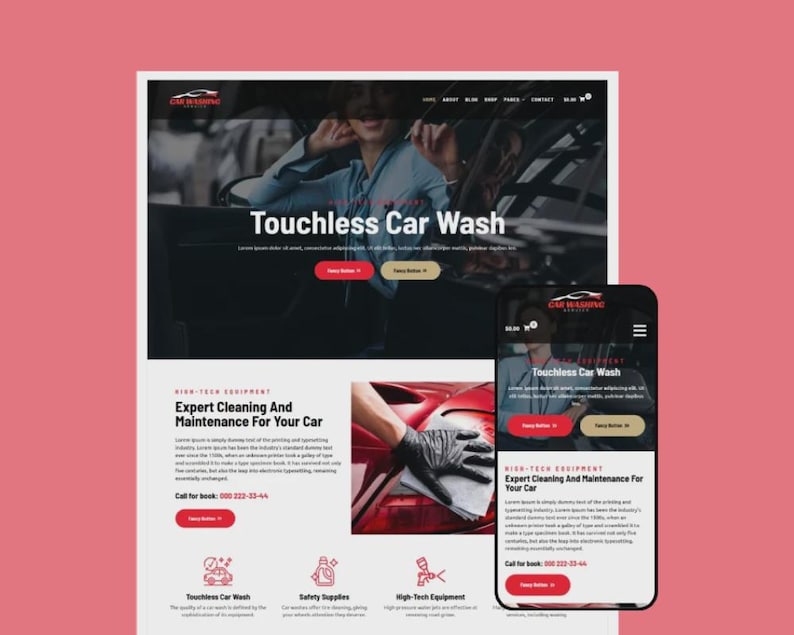 K&ouml;nnte beinhalten: Webdesign f&uuml;r einen Autowaschservice, mit Desktop- und Mobilansicht. Das Design enth&auml;lt den Text "Touchless Car Wash" und "Expert Cleaning And Maintenance For Your Car" auf einem rosa Hintergrund.
