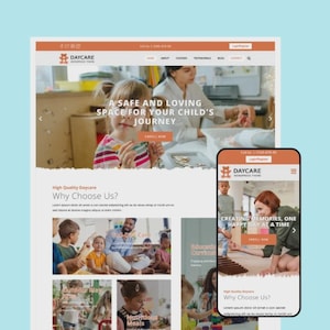 May include: A website and a mobile phone screen displaying a daycare website. The website features images of children and adults, with text that reads "A SAFE AND LOVING SPACE FOR YOUR CHILD'S JOURNEY."