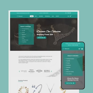 Op de afbeelding: Een website en een mobiele telefoon tonen de homepage van een juwelierszaak. De website toont productcategorieën en de tekst "Ontdek onze collectie vanaf €20". De mobiele telefoon toont vergelijkbare inhoud. De achtergrond is een blauwgroene kleur.