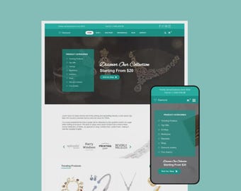 Puede incluir: Un sitio web y un teléfono móvil muestran la página de inicio de una joyería. El sitio web presenta categorías de productos y el texto "Descubre nuestra colección desde 20$". El teléfono móvil muestra contenido similar. El fondo es de color verde azulado.