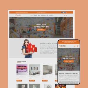 Puede incluir: Un sitio web y una pantalla de teléfono móvil que muestran el sitio web de Metro City Wall Art. El sitio presenta a una mujer con cajas de regalo rojas y el texto "Special Decor Starting From $10". Los productos destacados incluyen arte mural.