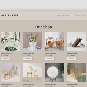 Puede incluir: Un sitio web que muestra varios art&iacute;culos de decoraci&oacute;n del hogar. Los productos destacados incluyen un jarr&oacute;n blanco con flores, cestas decorativas, sujetalibros y una figura de ciervo dorado. El sitio web se llama Artis Craft.