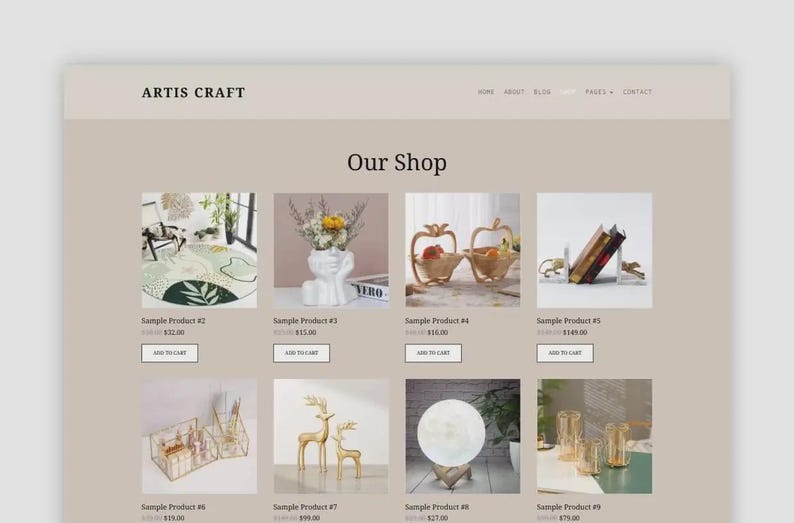 Puede incluir: Un sitio web que muestra varios art&iacute;culos de decoraci&oacute;n del hogar. Los productos destacados incluyen un jarr&oacute;n blanco con flores, cestas decorativas, sujetalibros y una figura de ciervo dorado. El sitio web se llama Artis Craft.