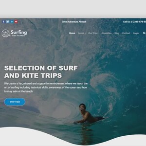 K&ouml;nnte beinhalten: Webdesign f&uuml;r ein Surfunternehmen. Das Bild zeigt einen Surfer in einer Welle mit dem Text "SELECTION OF SURF AND KITE TRIPS". Die Website enth&auml;lt auch Social-Media-Symbole und eine Call-to-Action-Schaltfl&auml;che.