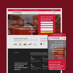 Könnte beinhalten: Eine Website und ein Smartphone-Bildschirm zeigen das Fire Extinguisher-Logo und -Text. Die Website verfügt über ein rot-weißes Farbschema mit einem Formular zur Anforderung eines kostenlosen Angebots. Der Smartphone-Bildschirm zeigt den Text "Safety & Security".