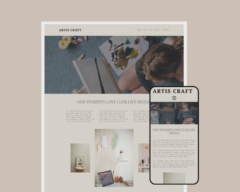 Puede incluir: Una maqueta de dise&ntilde;o web con el texto "ARTIS CRAFT" en la parte superior. El sitio web muestra a una persona pintando sobre un lienzo. Un tel&eacute;fono m&oacute;vil muestra el dise&ntilde;o del sitio web, con el texto "OUR STUDENTS LOVE CLUB LIFE DESIGN".
