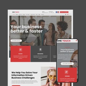 Può includere: Un design del sito web con il testo "ONE TOUCH" e "Your business better & faster." Un telefono cellulare mostra lo stesso testo. Il sito web presenta blocchi rossi e grigi con le parole "DESIGN" e "BRANDING."