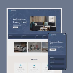 Peut inclure: Conception de site web pour un hôtel de luxe, avec une vue sur ordinateur et une vue sur téléphone portable. Le site web a un code couleur bleu et blanc avec le texte "Welcome to Luxury Hotel". La vue mobile affiche le même texte.