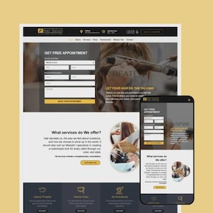 Puede incluir: Un diseño de sitio web para una peluquería, que se muestra en una computadora de escritorio y un teléfono inteligente. El sitio web presenta un formulario para obtener una cita gratuita, con el texto "Let Your Hair Do The Talking!" y "What services do We offer?"