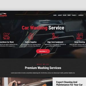 K&ouml;nnte beinhalten: Webdesign f&uuml;r einen Autowaschservice. Der Header enth&auml;lt Navigationslinks und ein Warenkorbsymbol. Der Hauptbereich zeigt den Text "Car Washing Service" in Rot, mit Symbolen und Beschreibungen f&uuml;r Dienstleistungen wie ber&uuml;hrungslose Autow&auml;sche.
