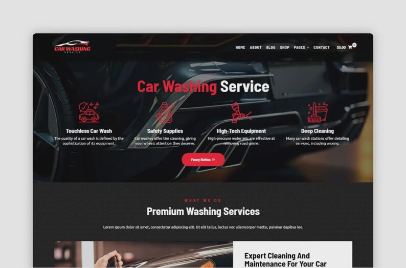 K&ouml;nnte beinhalten: Webdesign f&uuml;r einen Autowaschservice. Der Header enth&auml;lt Navigationslinks und ein Warenkorbsymbol. Der Hauptbereich zeigt den Text "Car Washing Service" in Rot, mit Symbolen und Beschreibungen f&uuml;r Dienstleistungen wie ber&uuml;hrungslose Autow&auml;sche.