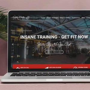 May include: A laptop displays a website for "The Gym Club". The website features the text "INSANE TRAINING - GET FIT NOW" and "Metro City's #1 Gym Club". The laptop is on a pink surface with a palm frond in the background.