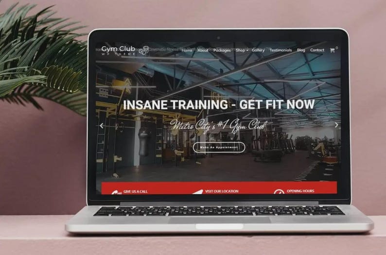 May include: A laptop displays a website for "The Gym Club". The website features the text "INSANE TRAINING - GET FIT NOW" and "Metro City's #1 Gym Club". The laptop is on a pink surface with a palm frond in the background.