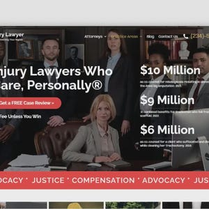 May include: Website screenshot for Injury Lawyer, featuring a group of lawyers in suits. Text includes "Injury Lawyers Who Care, Personally&reg;" and financial figures. A red button reads "Get a FREE Case Review".