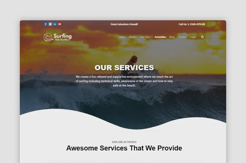 K&ouml;nnte beinhalten: Webdesign f&uuml;r eine Surfschule. Der Header zeigt das Logo der Schule und Kontaktinformationen. Das Hauptbild zeigt einen Surfer auf einer Welle. Der Text lautet "Our Services" und "Awesome Services That We Provide."