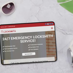Op de afbeelding: Een tablet met een website voor een 24/7 noodslotenmakerservice. De website heeft een rode kop, een grijze achtergrond en de tekst "24/7 EMERGENCY LOCKSMITH SERVICE!". Witte zonnebril en koptelefoon zijn ook zichtbaar.
