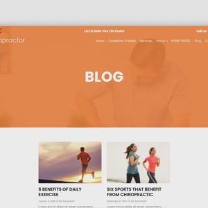 Puede incluir: Dise&ntilde;o de sitio web con encabezado naranja y fondo blanco. El encabezado incluye la palabra "chiropractor" y enlaces de navegaci&oacute;n. La palabra "BLOG" se muestra de forma destacada. Debajo hay dos im&aacute;genes con texto: "6 BENEFITS OF DAILY EXERCISE" y "SIX SPORTS THAT BENEFIT FROM CHIROPRACTIC".
