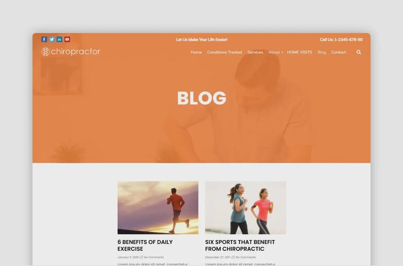 Puede incluir: Dise&ntilde;o de sitio web con encabezado naranja y fondo blanco. El encabezado incluye la palabra "chiropractor" y enlaces de navegaci&oacute;n. La palabra "BLOG" se muestra de forma destacada. Debajo hay dos im&aacute;genes con texto: "6 BENEFITS OF DAILY EXERCISE" y "SIX SPORTS THAT BENEFIT FROM CHIROPRACTIC".