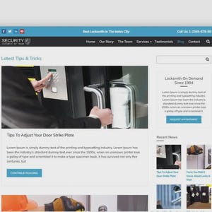 May include: Website screenshot featuring a locksmith service. The site includes a header with contact information and navigation links. The main content highlights "Latest Tips & Tricks" with an article on adjusting door strike plates, and "Locksmith On Demand Since 1994".