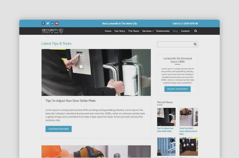 May include: Website screenshot featuring a locksmith service. The site includes a header with contact information and navigation links. The main content highlights "Latest Tips & Tricks" with an article on adjusting door strike plates, and "Locksmith On Demand Since 1994".
