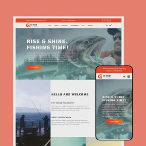 Könnte beinhalten: Ein Website-Design mit einem lachsfarbenen Hintergrund. Die Website zeigt den Text "RISE & SHINE. FISHING TIME!" und ein Foto eines Fisches. Ein Mobiltelefon zeigt das gleiche Design. Die Website ist für ein Angelunternehmen.