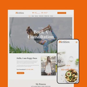 Puede incluir: Diseño de sitio web para un dietista, con vista de escritorio y móvil. La versión de escritorio muestra la palabra "Dietitian" en la parte superior, con un llamado a la acción "Book a Consultation". La vista móvil muestra un número de teléfono y un plato de comida.
