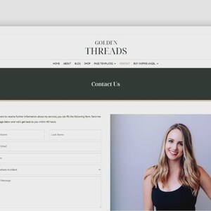 Puede incluir: Captura de pantalla de una p&aacute;gina de destino del sitio web de Golden Threads. La p&aacute;gina presenta un formulario de contacto y una foto de una mujer sonriente. El encabezado del sitio web incluye el texto "Golden Threads".