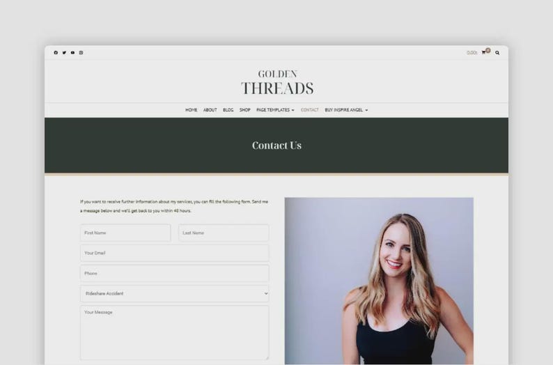 Puede incluir: Captura de pantalla de una p&aacute;gina de destino del sitio web de Golden Threads. La p&aacute;gina presenta un formulario de contacto y una foto de una mujer sonriente. El encabezado del sitio web incluye el texto "Golden Threads".