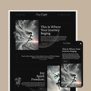 May include: A website design featuring a dark theme with the text "Soul Crafters." The design includes images of a woman with flowing hair and the phrases "This Is Where Your Journey Beging" and "Joy. Spirit. Freedom."