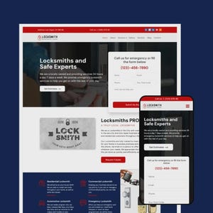 May include: A website design for a locksmith service, featuring a desktop and mobile view. The design includes the company logo, contact information, and a form for emergency services. The website's theme is red and white.