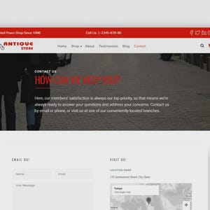 May include: Screenshot of an antique store website. The top banner is red with white text and social media icons. The website includes a contact form and a map. The text reads "Antique Store" and "How can we help you?"
